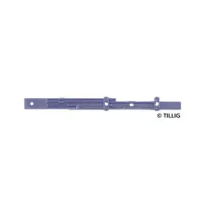 Een productfoto van een donkerblauwe plastic modelspoortrekhaak- of koppelingsstang, horizontaal op een witte achtergrond, met de tekst "© TILLIG" rechtsonder.